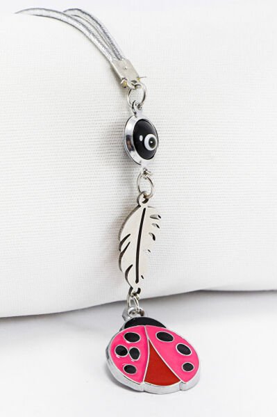 Evil Eye Beaded Stainless Steel Leaf Pink Ladybug Car Rearview Mirror Ornament