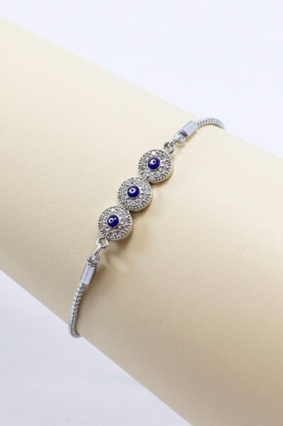Adjustable Silver Color Triple Shiny Zircon Stone Bracelet, Evil Eye Bracelet for Gift