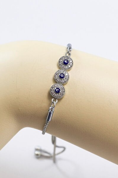 Adjustable Silver Color Triple Shiny Zircon Stone Bracelet, Evil Eye Bracelet for Gift