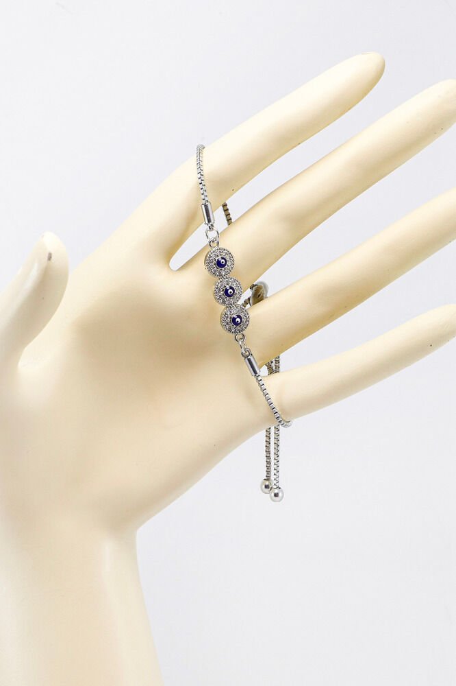 Gümüş Renkli Ayarlanabilir Üçlü Parlak Zirkon Taşlı Bileklik, Hediyelik Nazarlı Bileklik
