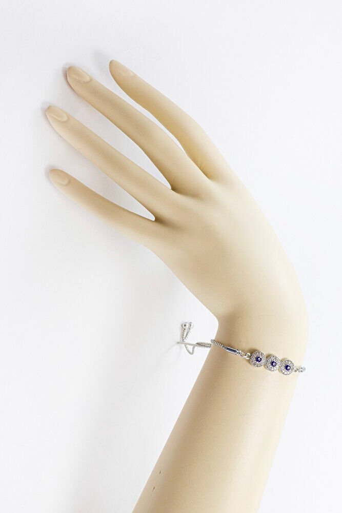 Gümüş Renkli Ayarlanabilir Üçlü Parlak Zirkon Taşlı Bileklik, Hediyelik Nazarlı Bileklik