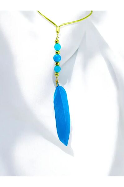 Turkuaz Doğal Taşlı Tüylü  Araba Dikiz Ayna Süsü/ Lüks Yeni Araba Hediyesi