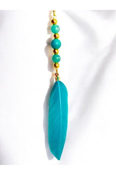 Turkuaz Doğal Taşlı Tüylü  Araba Dikiz Ayna Süsü/ Lüks Yeni Araba Hediyesi