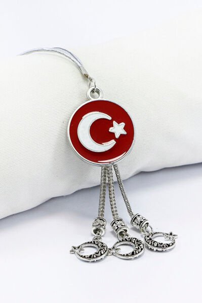 Metal Üç Püsküllü Dikiz Ayna Süsü, Metal Kırmızı Türk Bayrağı Araba Dekoru