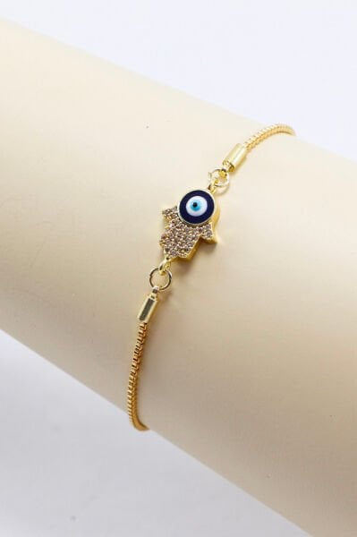 Adjustable Evil Eye Shiny Stone Hamsa Hand Bracelet, Gift Fatima Bracelet