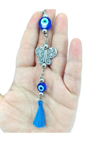 Minimal Nazar Boncuklu Metal Kelebek Araba Dikiz Ayna Süsü/Püsküllü Yeni Araba Hediyesi