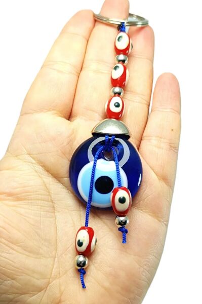 El Yapımı Cam Nazar Boncuğu Anahtarlık / Kırmızı Nazar Boncuklu Hediyelik Anahtarlık