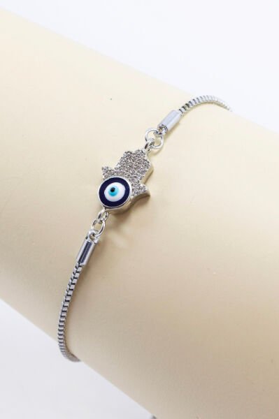Silver Color Adjustable Evil Eye Shiny Stone Hamsa Hand Bracelet, Gift Fatima Bracelet