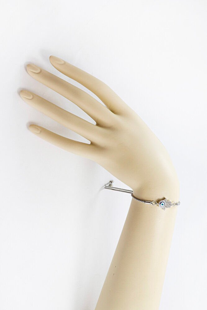 Gümüş Renk Ayarlanabilir Nazarlı Parlak Taşlı Hamse Eli Bileklik, Hediyelik Fatıma Ana Bileklik