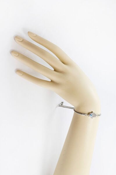 Silver Color Adjustable Evil Eye Shiny Stone Hamsa Hand Bracelet, Gift Fatima Bracelet