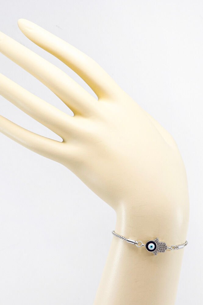Gümüş Renk Ayarlanabilir Nazarlı Parlak Taşlı Hamse Eli Bileklik, Hediyelik Fatıma Ana Bileklik