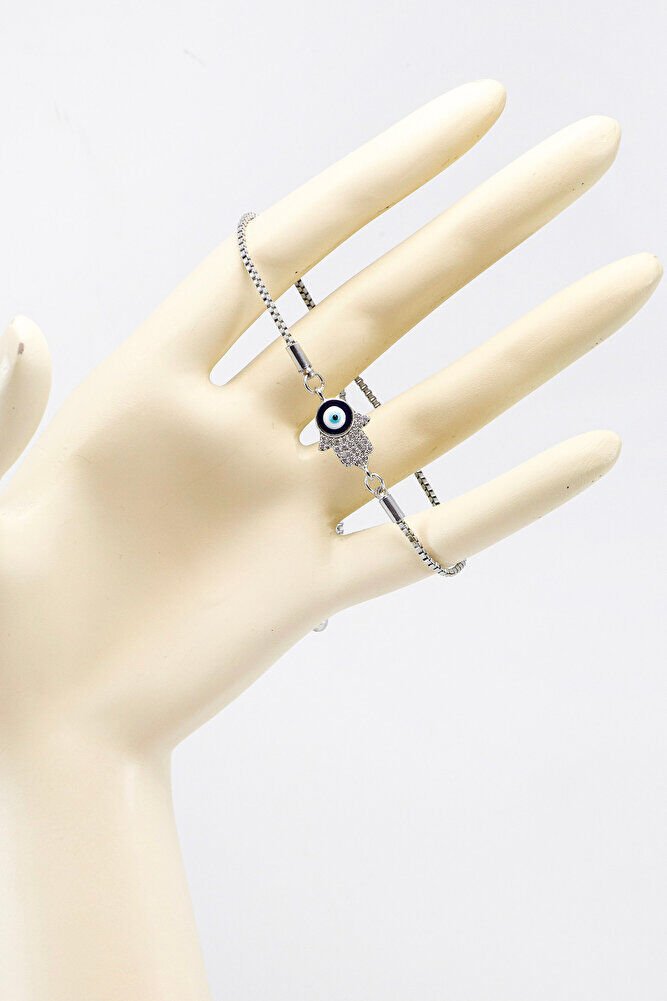 Gümüş Renk Ayarlanabilir Nazarlı Parlak Taşlı Hamse Eli Bileklik, Hediyelik Fatıma Ana Bileklik