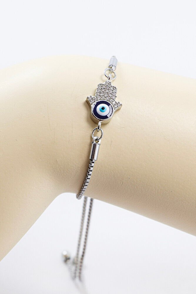 Gümüş Renk Ayarlanabilir Nazarlı Parlak Taşlı Hamse Eli Bileklik, Hediyelik Fatıma Ana Bileklik