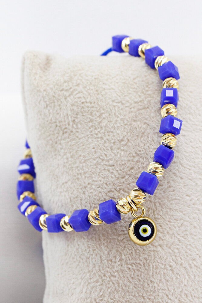 Dark Blue Square Beaded Elevator Evil Eye Beaded Bracelet, Gift Bracelet