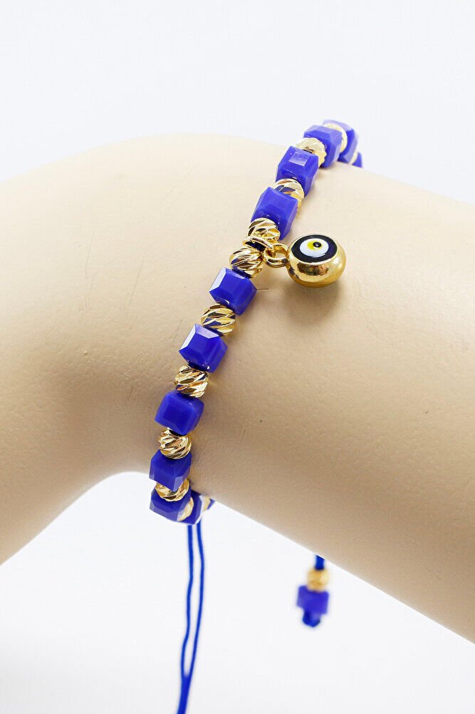 Dark Blue Square Beaded Elevator Evil Eye Beaded Bracelet, Gift Bracelet