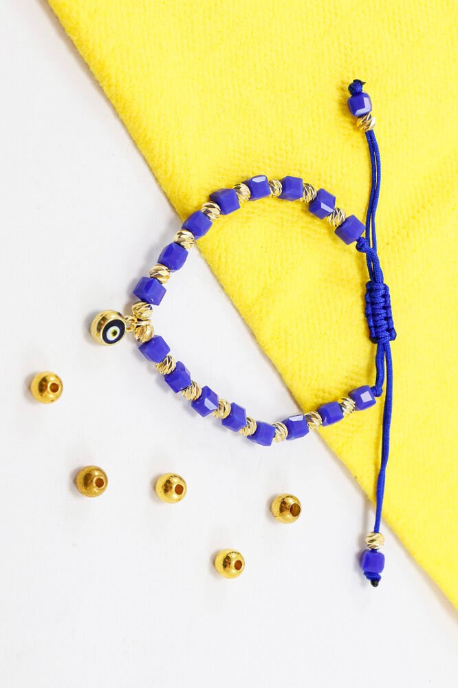 Dark Blue Square Beaded Elevator Evil Eye Beaded Bracelet, Gift Bracelet
