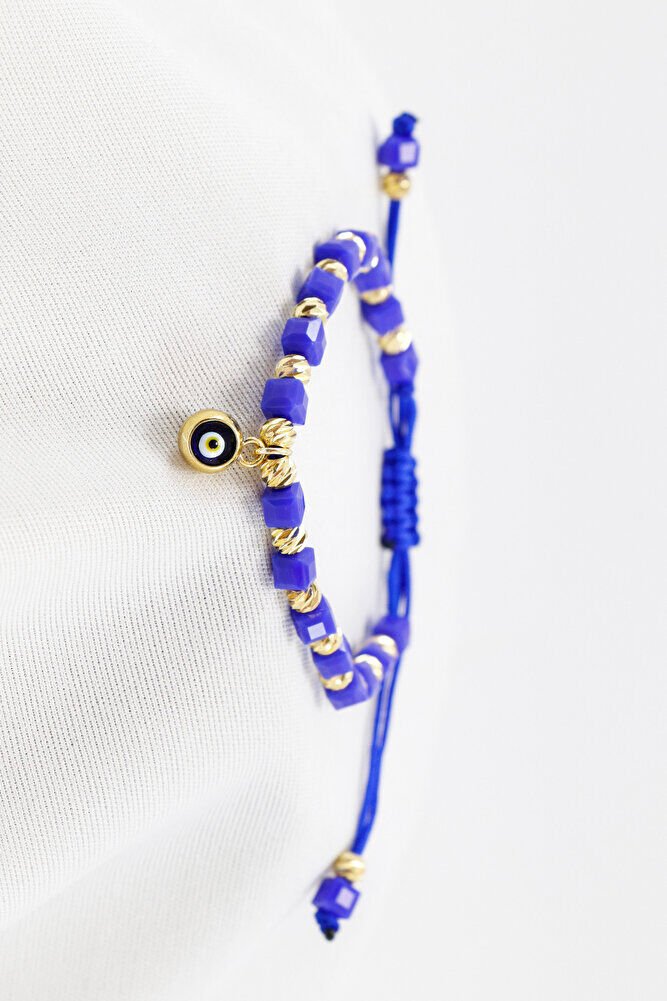 Dark Blue Square Beaded Elevator Evil Eye Beaded Bracelet, Gift Bracelet
