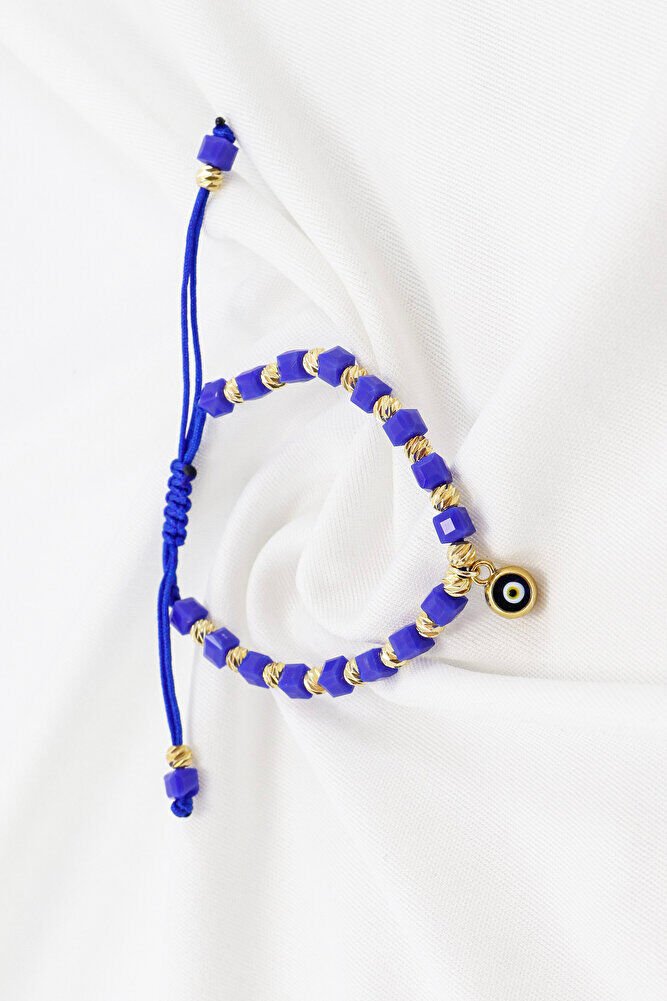 Dark Blue Square Beaded Elevator Evil Eye Beaded Bracelet, Gift Bracelet