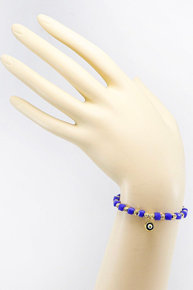 Dark Blue Square Beaded Elevator Evil Eye Beaded Bracelet, Gift Bracelet
