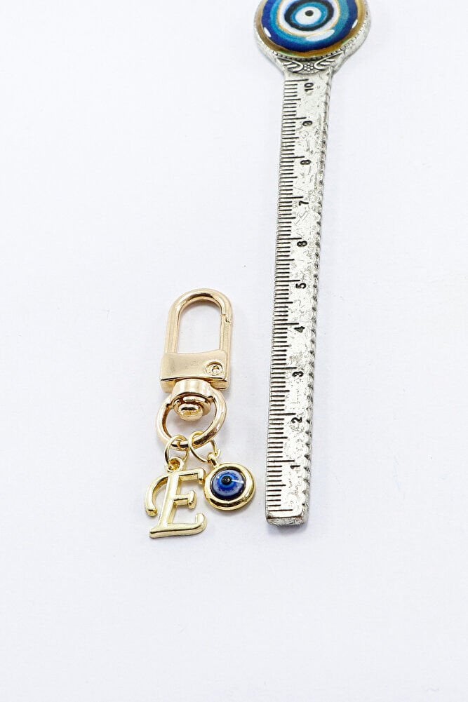 Metal E Harfi Nazar Boncuklu Klipsli Cüzdan Süsü Charm Gold Renkli Çanta Süsü Kişiselleştirilebilir