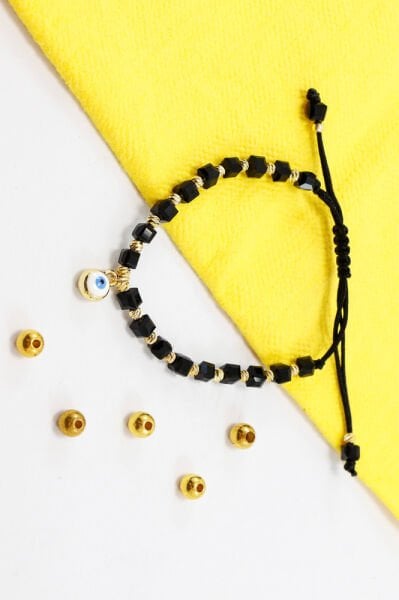 Black Color Square Beaded Elevator Evil Eye Beaded Bracelet, Gift Bracelet