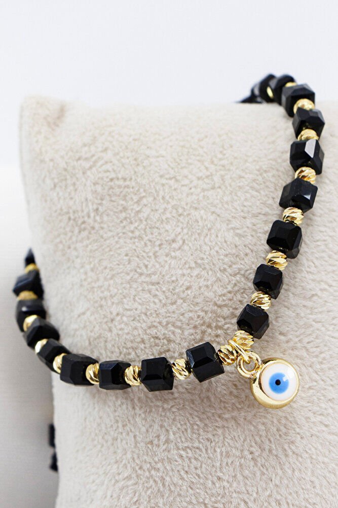 Siyah Renkli Kare Boncuklu Asansörlü Nazar Boncuklu Bileklik, Hediyelik Bileklik