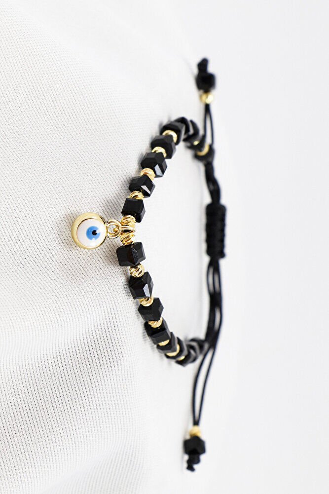 Siyah Renkli Kare Boncuklu Asansörlü Nazar Boncuklu Bileklik, Hediyelik Bileklik