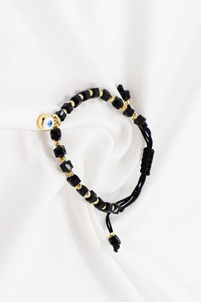 Siyah Renkli Kare Boncuklu Asansörlü Nazar Boncuklu Bileklik, Hediyelik Bileklik