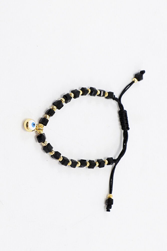 Siyah Renkli Kare Boncuklu Asansörlü Nazar Boncuklu Bileklik, Hediyelik Bileklik