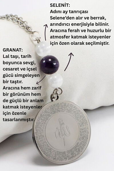 Gri Çelik Ayetel Kürsi Felak Nas İhlas Araba Dikiz Ayna Süsü, Doğal Taşlar: Selenit, Granat