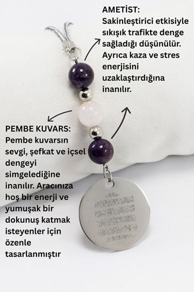 Çelik Ayetel Kürsi Kişiselleştirilebilir Araba Dikiz Ayna Süsü, Doğal Taşlar: Ametist, Pembe Kuvars