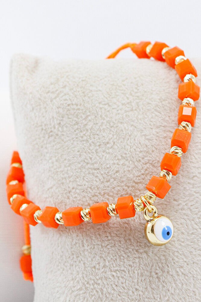 Orange Colored Square Beaded Elevator Evil Eye Beaded Bracelet, Gift Bracelet