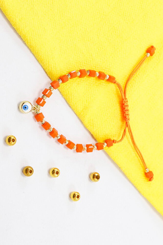 Orange Colored Square Beaded Elevator Evil Eye Beaded Bracelet, Gift Bracelet