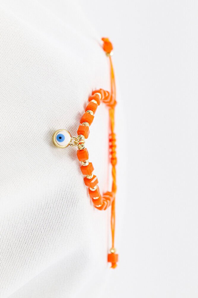Orange Colored Square Beaded Elevator Evil Eye Beaded Bracelet, Gift Bracelet