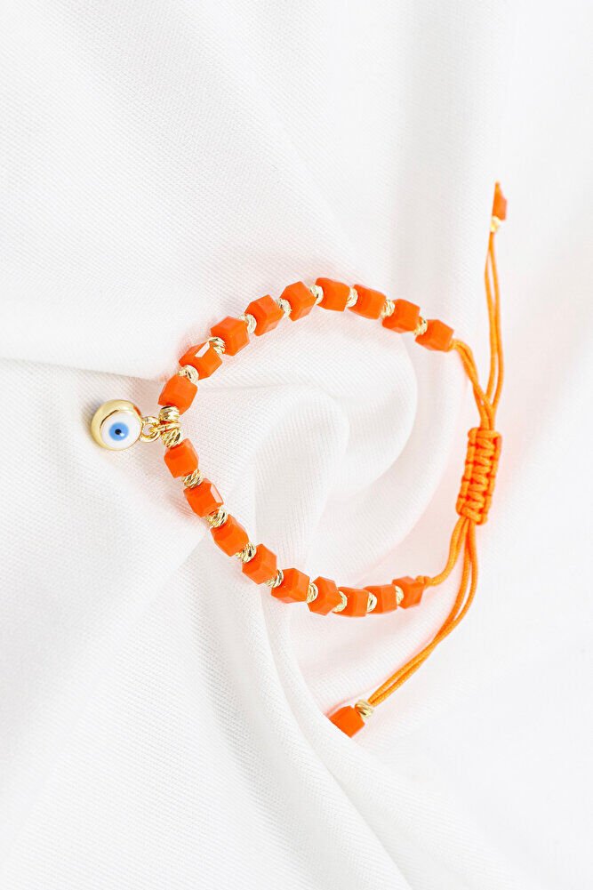 Orange Colored Square Beaded Elevator Evil Eye Beaded Bracelet, Gift Bracelet