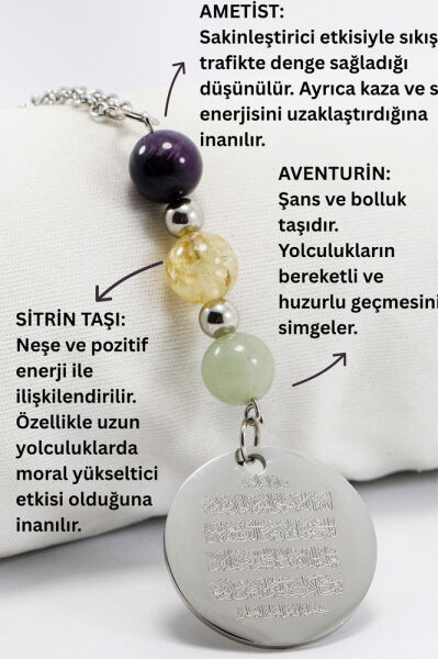 Gri Çelik Ayetel Kürsi Fatiha Dualı Araba Dikiz Ayna Süsü, Doğal Taşlar: Ametist, Sitrin, Aventurin