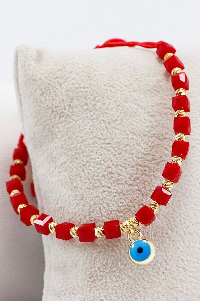 Kırmızı Renkli Kare Boncuklu Asansörlü Nazar Boncuklu Bileklik, Hediyelik Bileklik