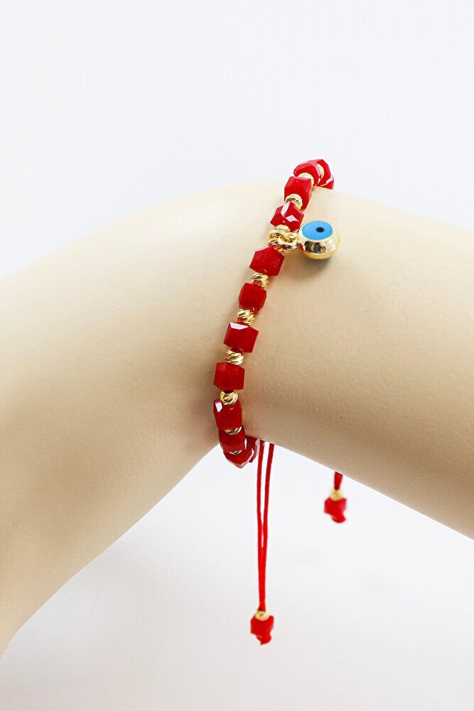 Kırmızı Renkli Kare Boncuklu Asansörlü Nazar Boncuklu Bileklik, Hediyelik Bileklik