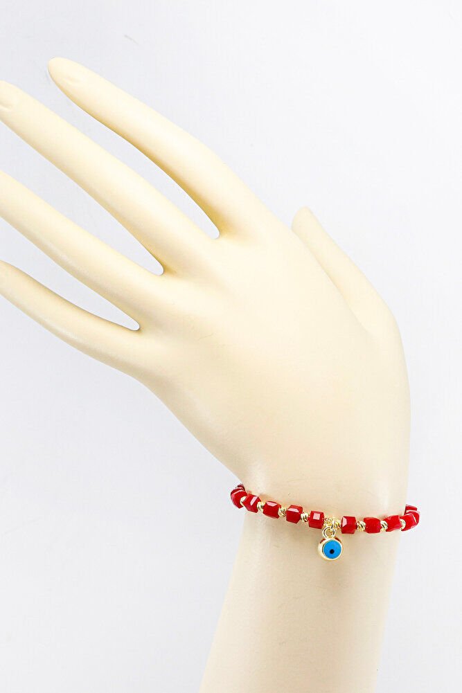 Kırmızı Renkli Kare Boncuklu Asansörlü Nazar Boncuklu Bileklik, Hediyelik Bileklik