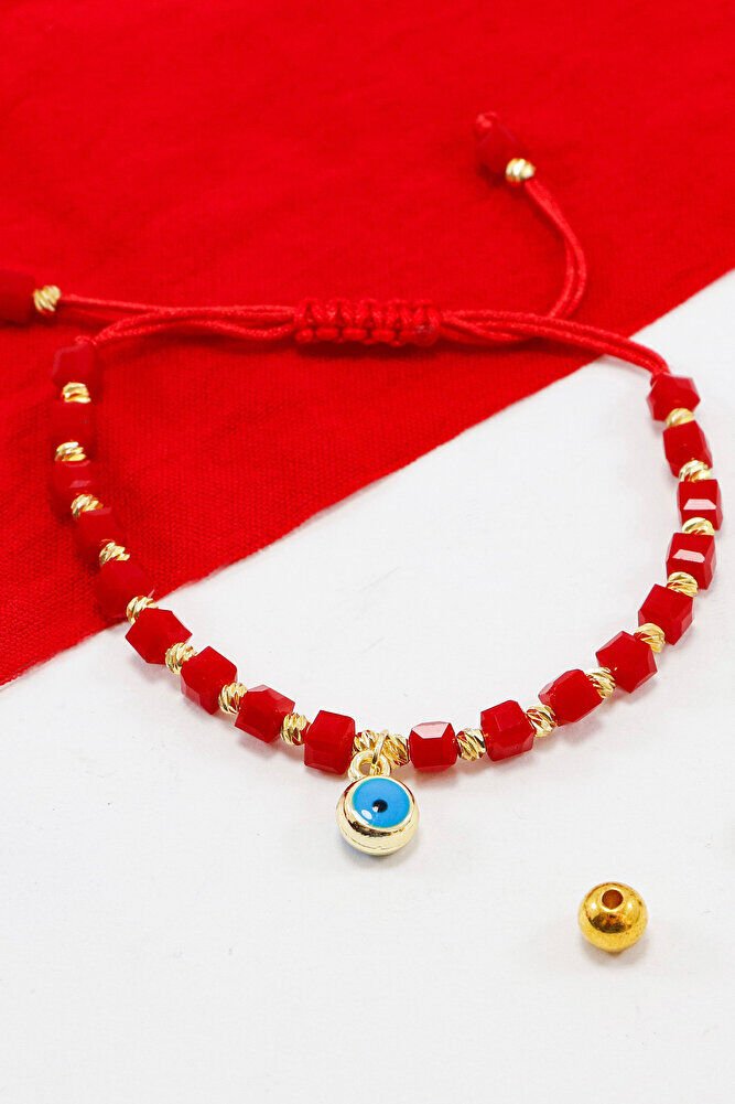 Kırmızı Renkli Kare Boncuklu Asansörlü Nazar Boncuklu Bileklik, Hediyelik Bileklik