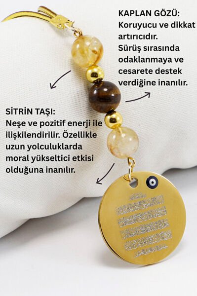 Çelik Ayetel Kürsi Fatiha Dualı Araba Dikiz Ayna Süsü, Doğal Taşlar: Kaplan Gözü, Sitrin