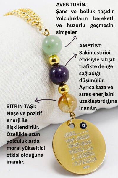Çelik Ayetel Kürsi Fatiha Dualı Araba Dikiz Ayna Süsü, Doğal Taşlar: Ametist, Sitrin, Aventurin