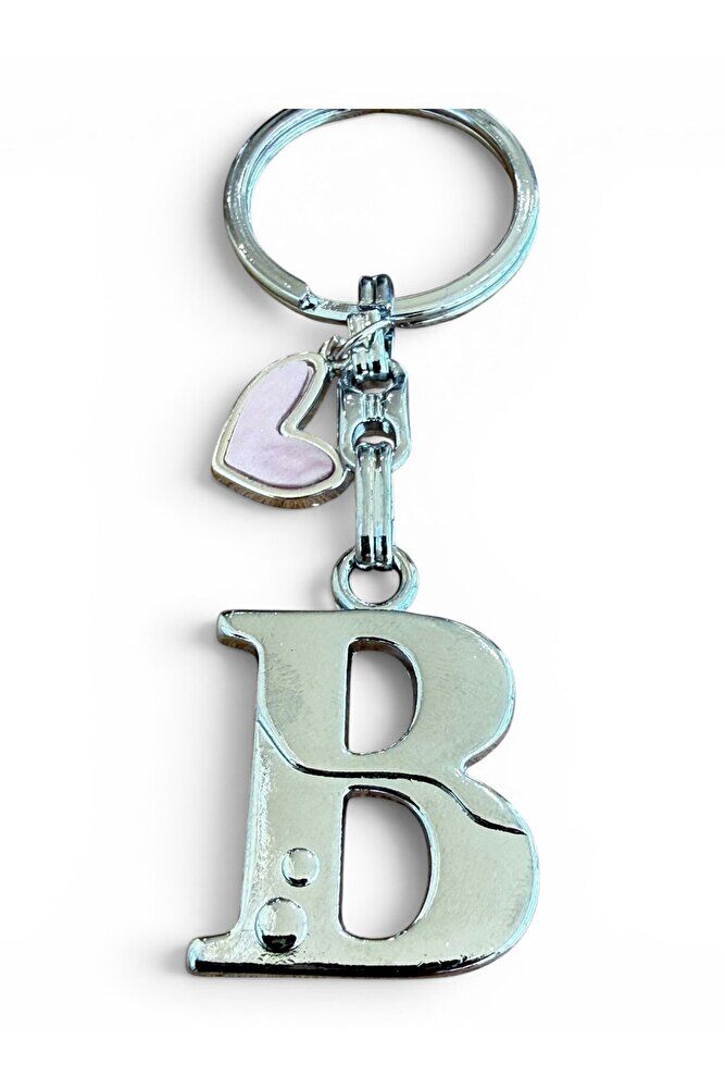 Gümüş Renkli Metal B Harfi Anahtarlık, Pastel Açık Pembe Modern Stil Metal Kalp