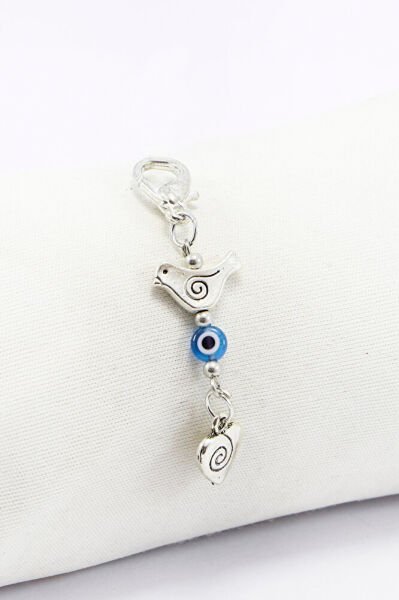 Metal Kuş Cam Nazar Boncuğu Kalpli Klipsli Küçük Charm Anahtarlık Cüzdan Çanta Süsü