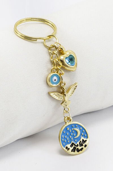 Gold Halkalı Kalpli Kuşlu Dağ Manzara Plakalı Anahtarlık, Hediyelik Çanta Süsü