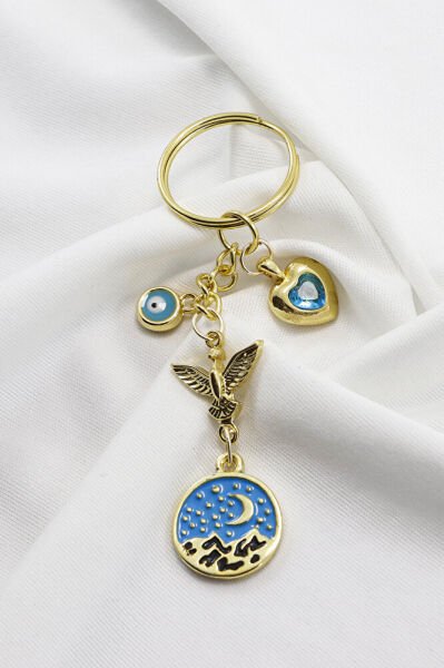 Gold Halkalı Kalpli Kuşlu Dağ Manzara Plakalı Anahtarlık, Hediyelik Çanta Süsü