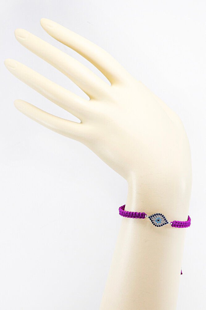 Mor Renkli Asansörlü Gümüş Elips Zirkon Taşlı Nazar Bileklik, Hediyelik Bileklik