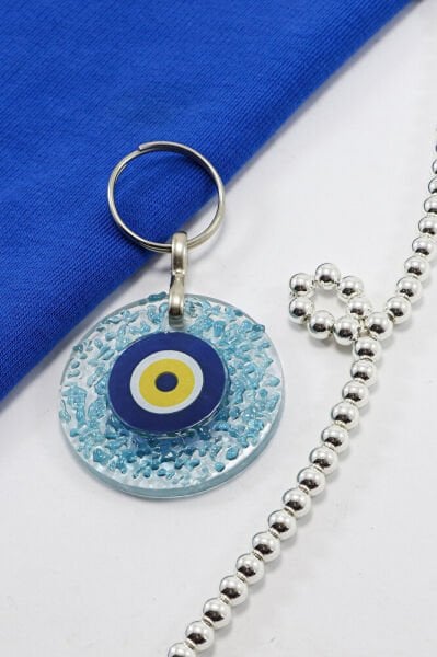 El Yapımı Kırıntılı Turkuaz Cam Nazar Boncuklu Anahtarlık, Hediyelik Çanta Süsü
