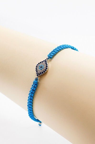 Dark Turquoise Colored Silver Ellipse Zircon Stone Evil Eye Bracelet, Gift Bracelet