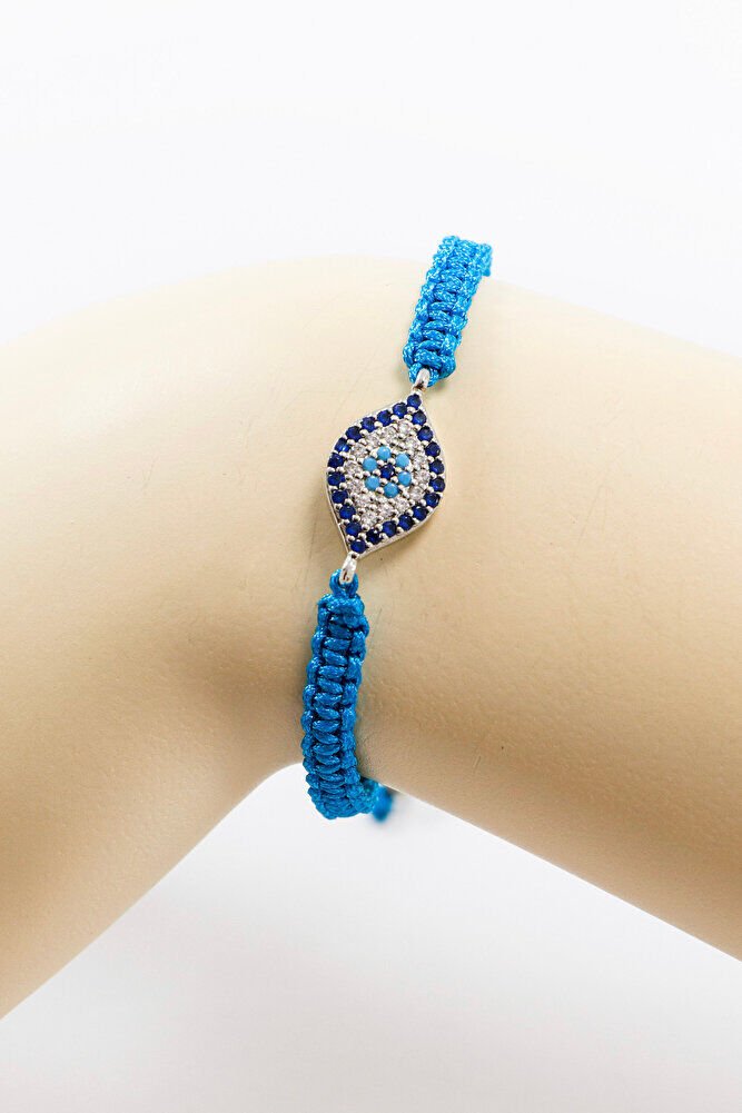 Koyu Turkuaz Renkli Asansörlü Gümüş Elips Zirkon Taşlı Nazar Bileklik, Hediyelik Bileklik